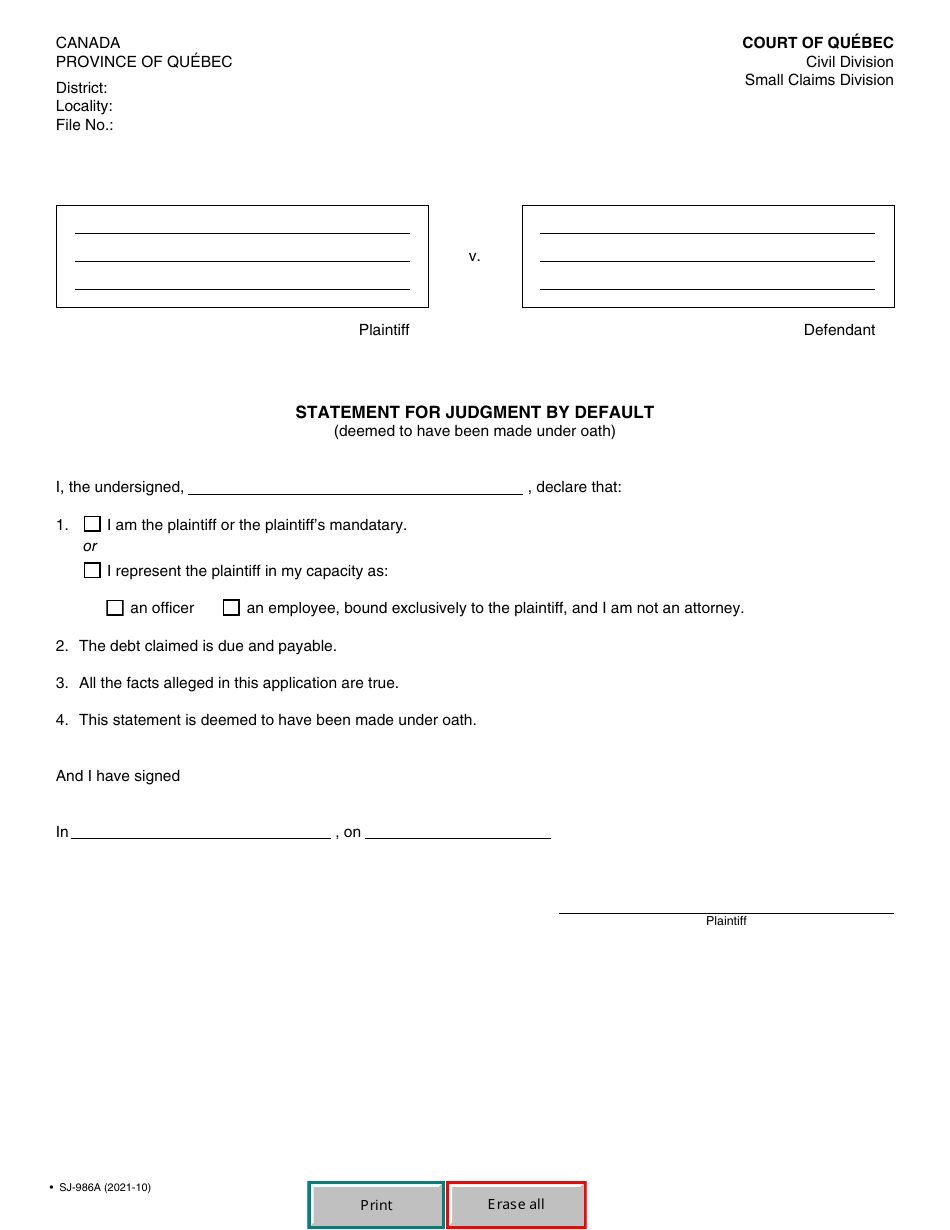 Form SJ-986A Statement for Judgment by Default (Deemed to Have Been Made Under Oath) - Quebec, Canada, Page 2