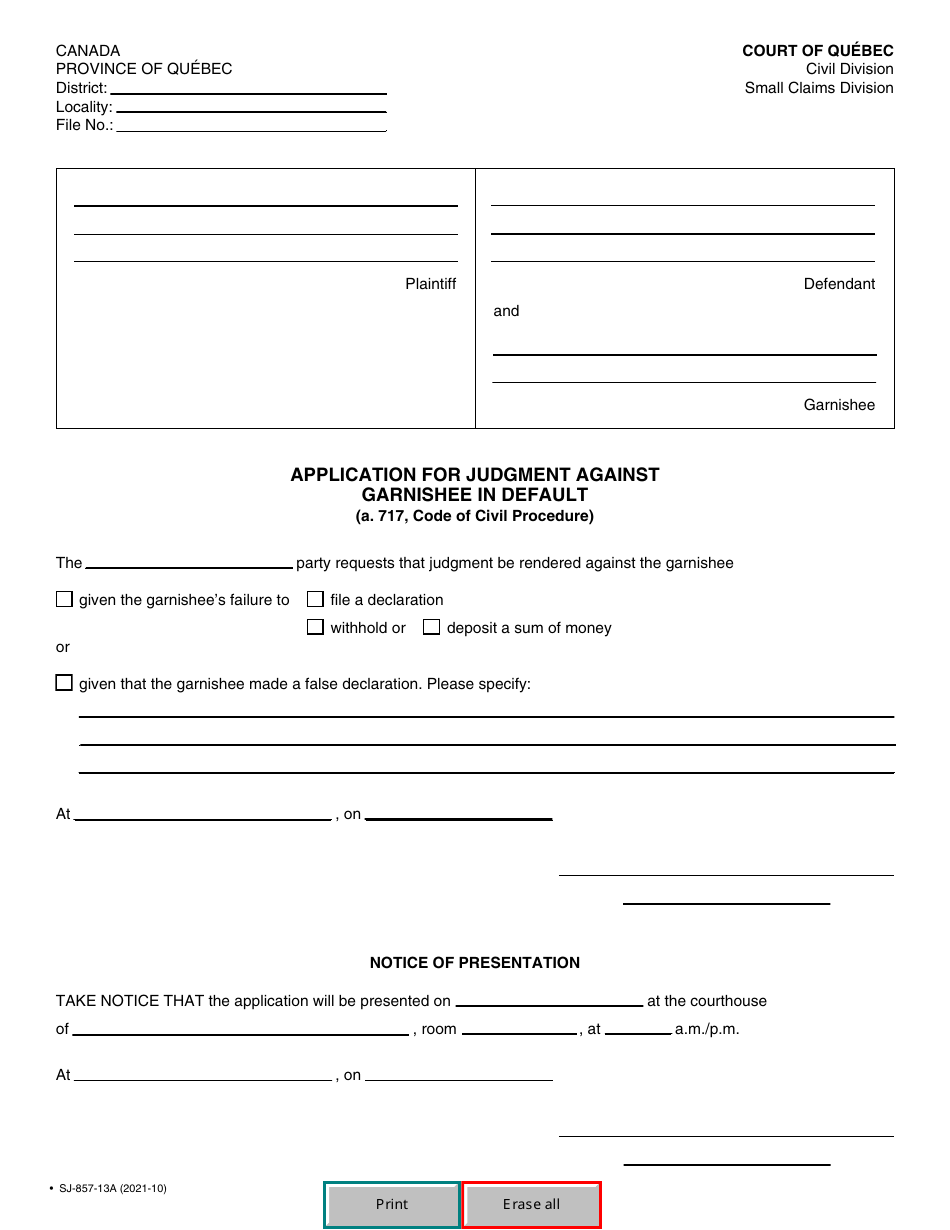 Form SJ-857-13A Application for Judgment Against Garnishee in Default - Quebec, Canada, Page 2