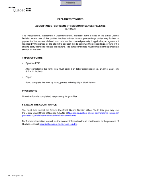 Form SJ-842A Acquittance/Settlement/Discontinuance/Release - Quebec, Canada