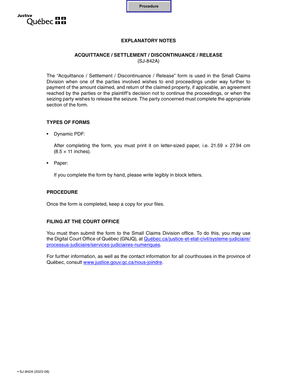 Form SJ-842A Acquittance / Settlement / Discontinuance / Release - Quebec, Canada, Page 1