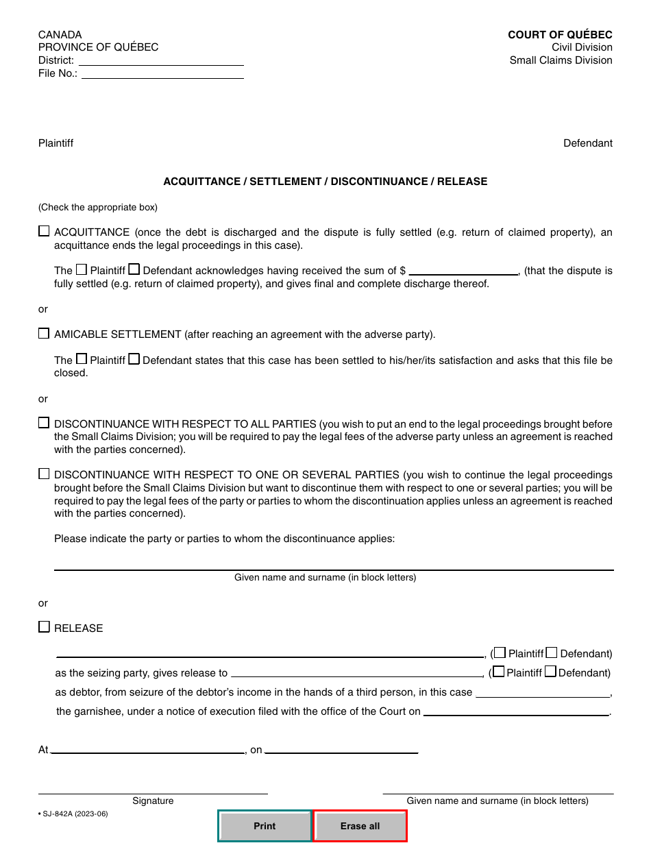 Form SJ-842A Acquittance / Settlement / Discontinuance / Release - Quebec, Canada, Page 2