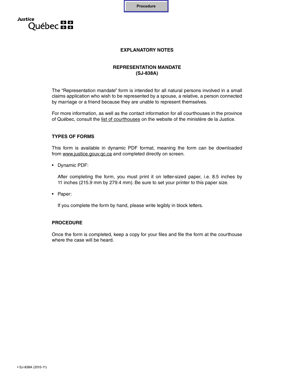 Form SJ-838A Representation Mandate - Quebec, Canada, Page 1