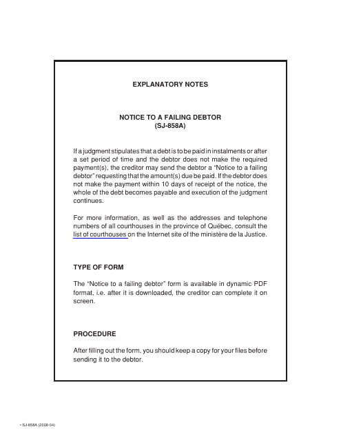 Form SJ-858A Notice to a Failing Debtor - Quebec, Canada