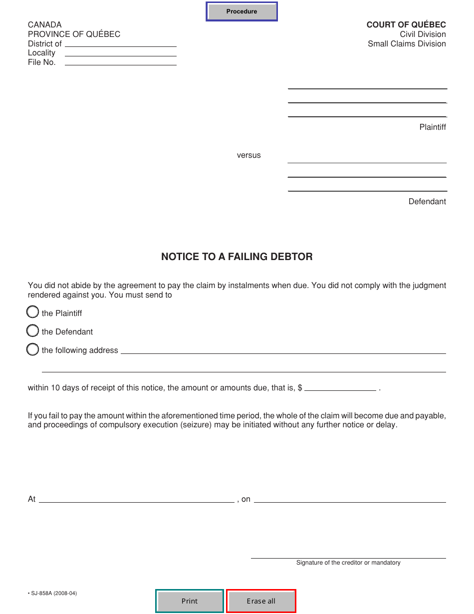 Form SJ-858A Notice to a Failing Debtor - Quebec, Canada, Page 2