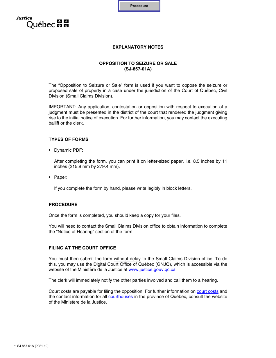 Form SJ-857-01A Opposition to Seizure or Sale - Quebec, Canada, Page 1