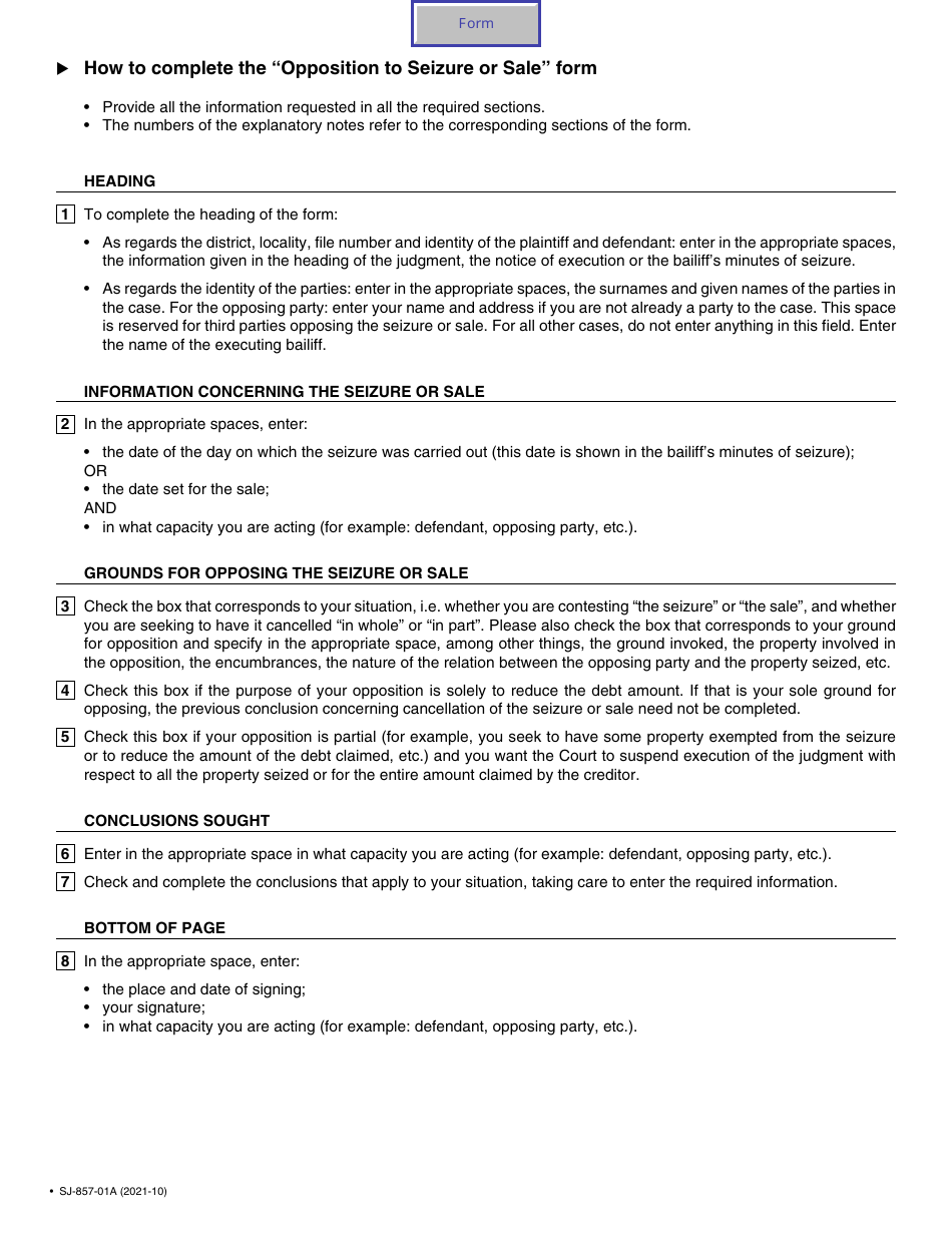 Form SJ-857-01A Opposition to Seizure or Sale - Quebec, Canada, Page 2