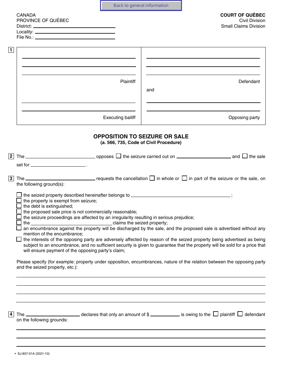 Form SJ-857-01A Opposition to Seizure or Sale - Quebec, Canada, Page 3