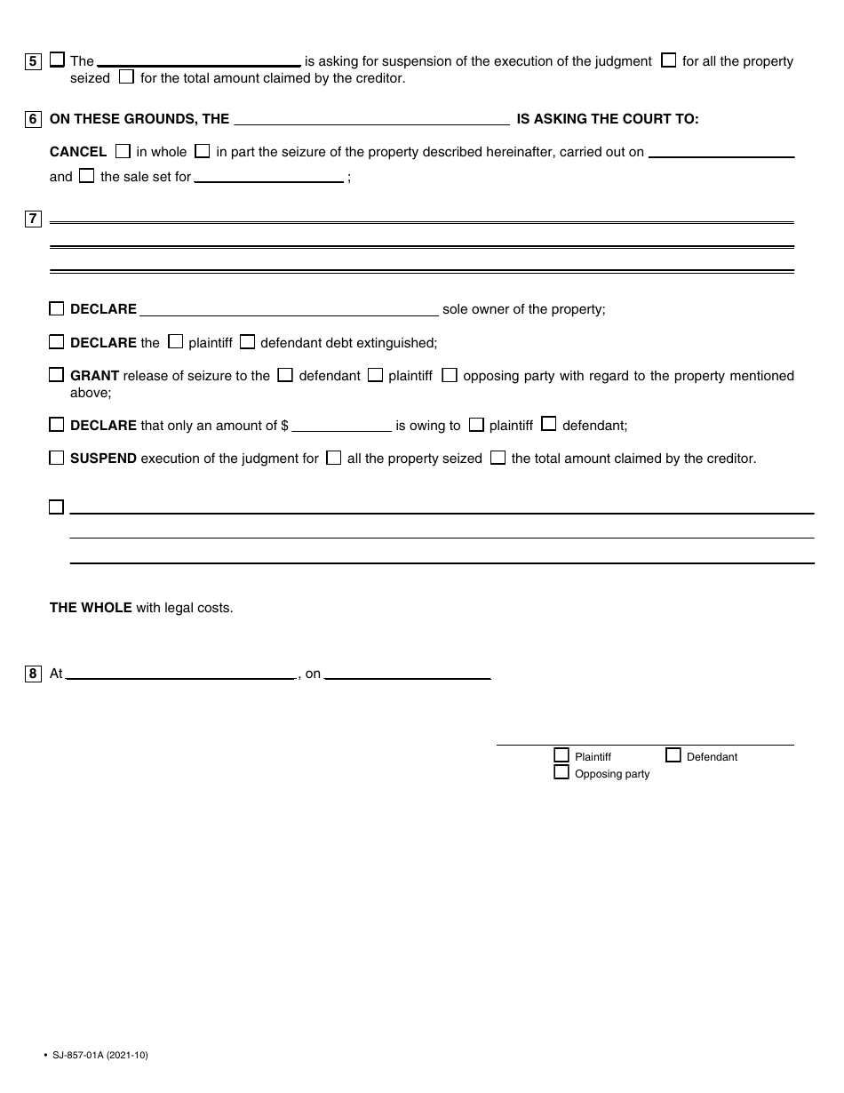 Form SJ-857-01A Opposition to Seizure or Sale - Quebec, Canada, Page 4