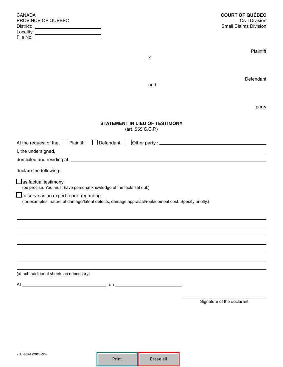 Form SJ-837A Download Fillable PDF or Fill Online Statement in Lieu of ...