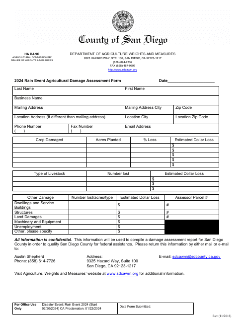 Rain Event Agricultural Damage Assessment Form - February 20-26 - County of San Diego, California Download Pdf