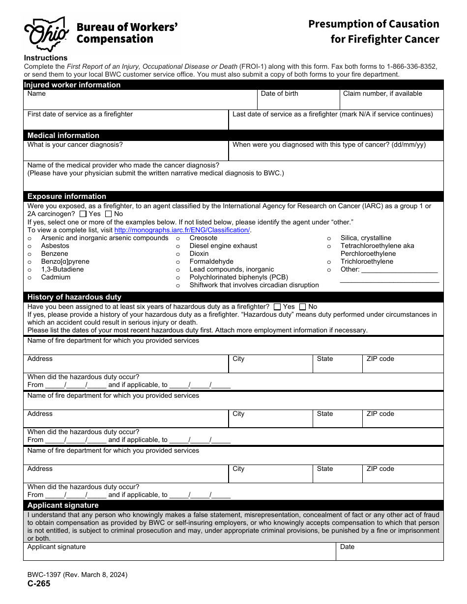 Form C-265 (BWC-1397) Presumption of Causation for Firefighter Cancer - Ohio, Page 1