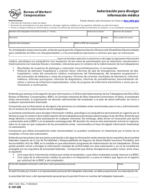 Formulario C-101-ES (BWC-1224) Autorizacion Para Divulgar Informacion Medica - Ohio (Spanish)