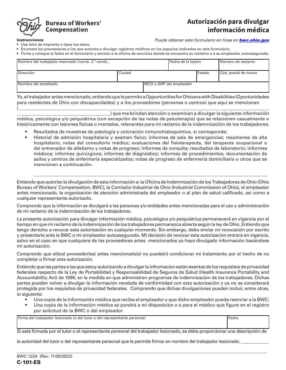 Formulario C-101-ES (BWC-1224) Autorizacion Para Divulgar Informacion Medica - Ohio (Spanish), Page 1