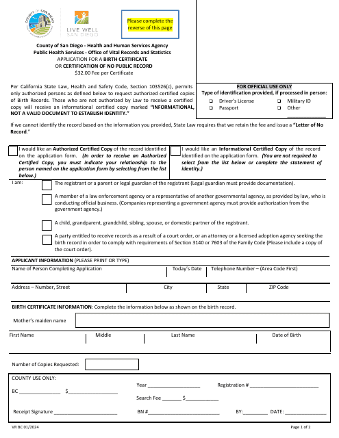 Application for a Birth Certificate or Certification of No Public Record - County of San Diego, California Download Pdf