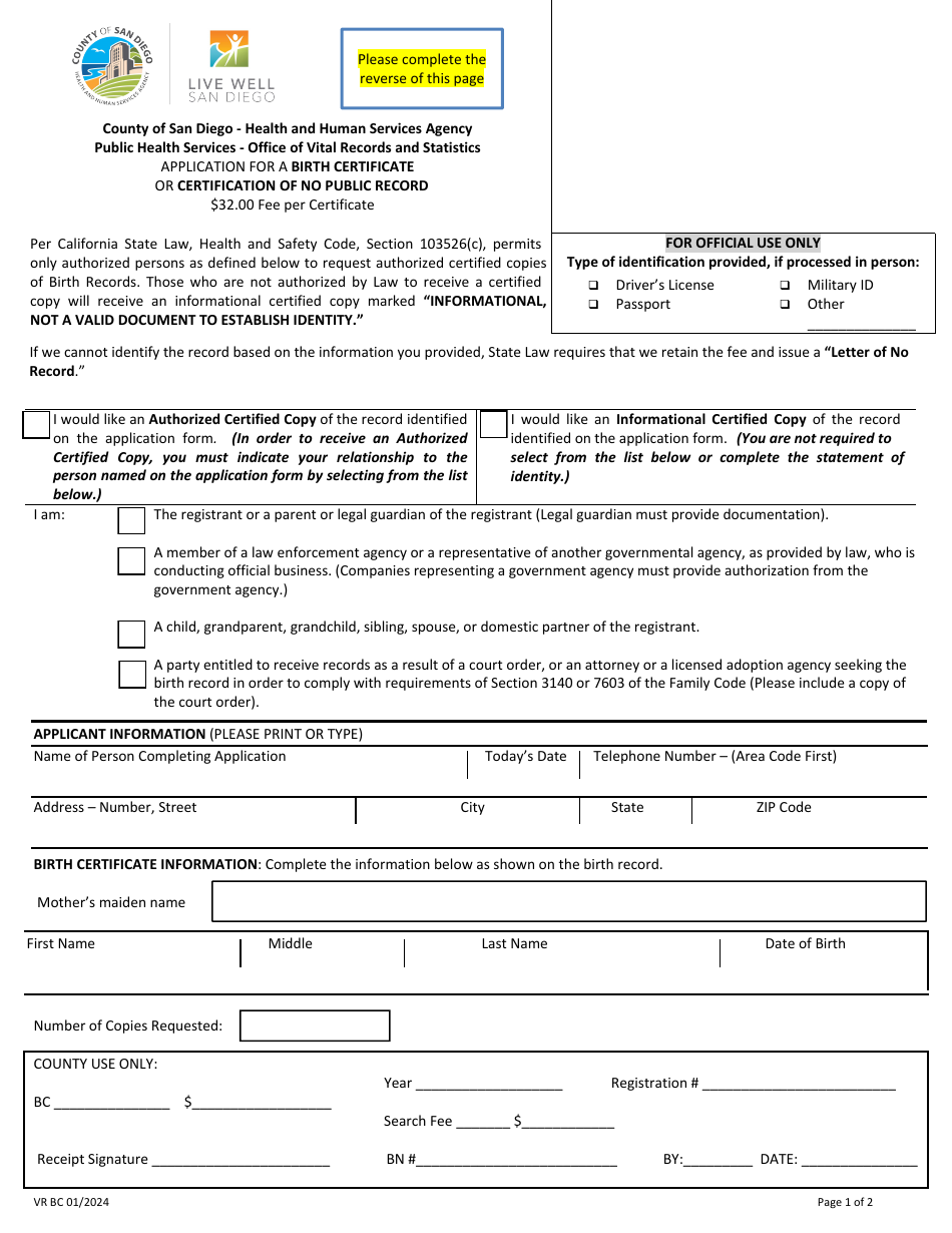 Application for a Birth Certificate or Certification of No Public Record - County of San Diego, California, Page 1