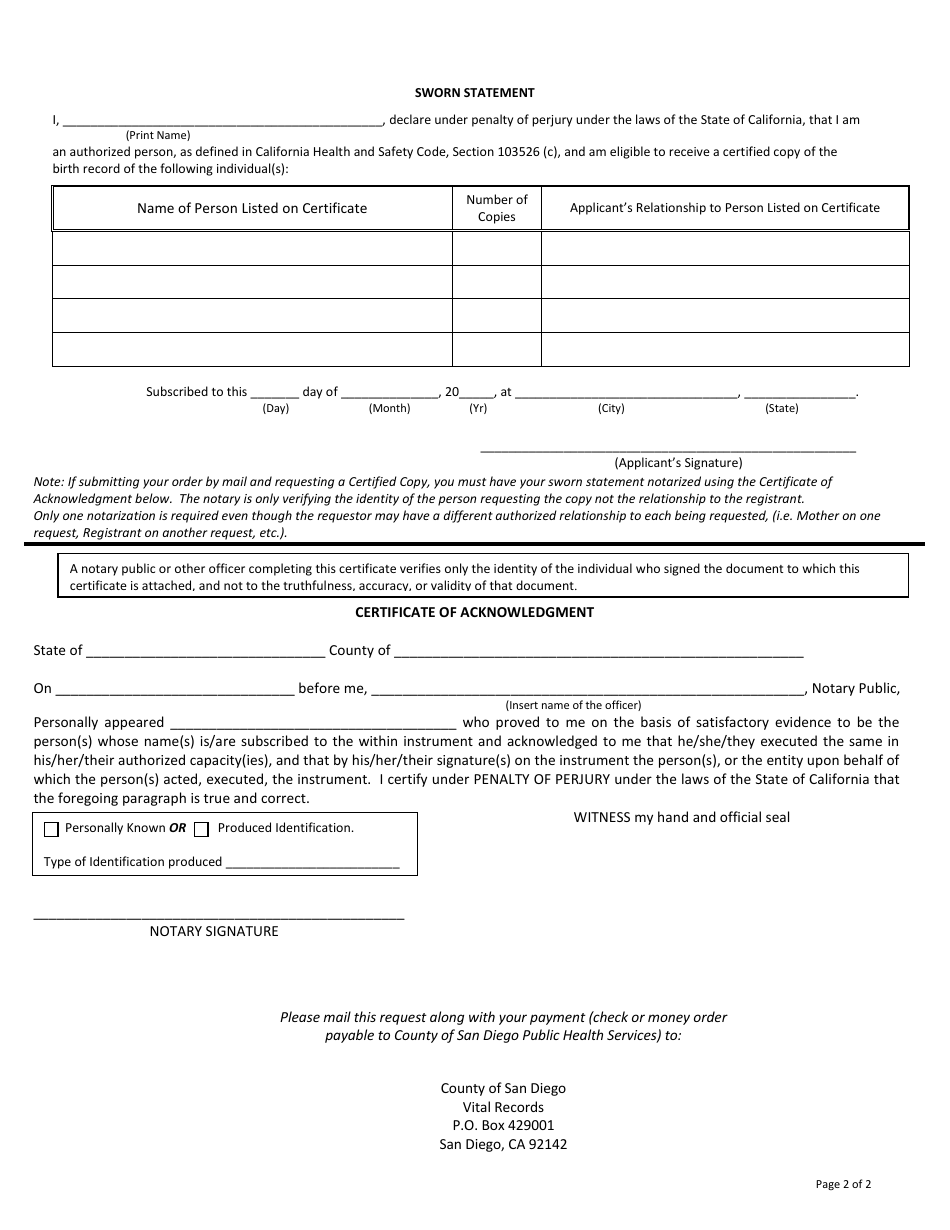 Application for a Birth Certificate or Certification of No Public Record - County of San Diego, California, Page 2