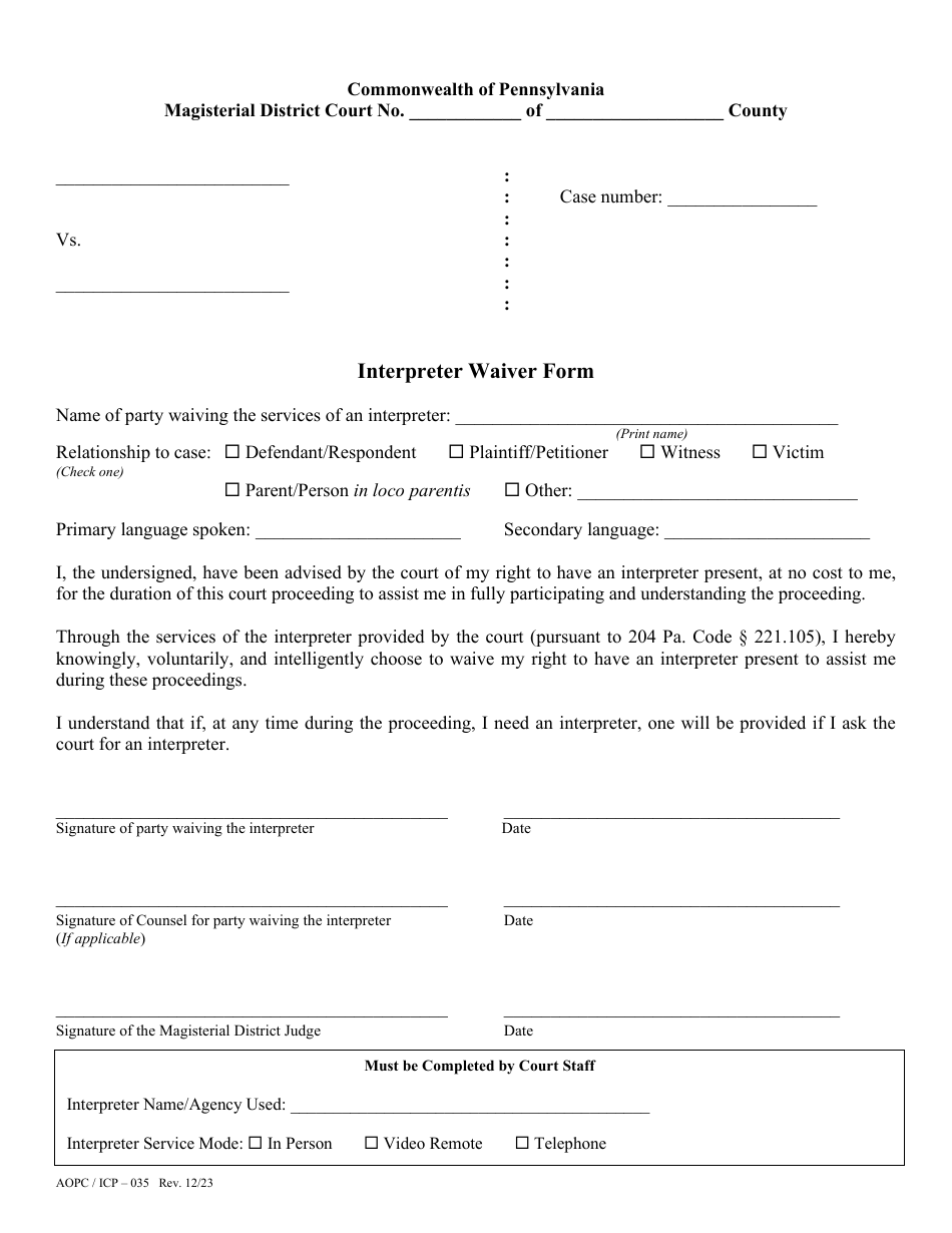 Form AOPC / ICP-035 Interpreter Waiver Form - Mdj - Pennsylvania, Page 1