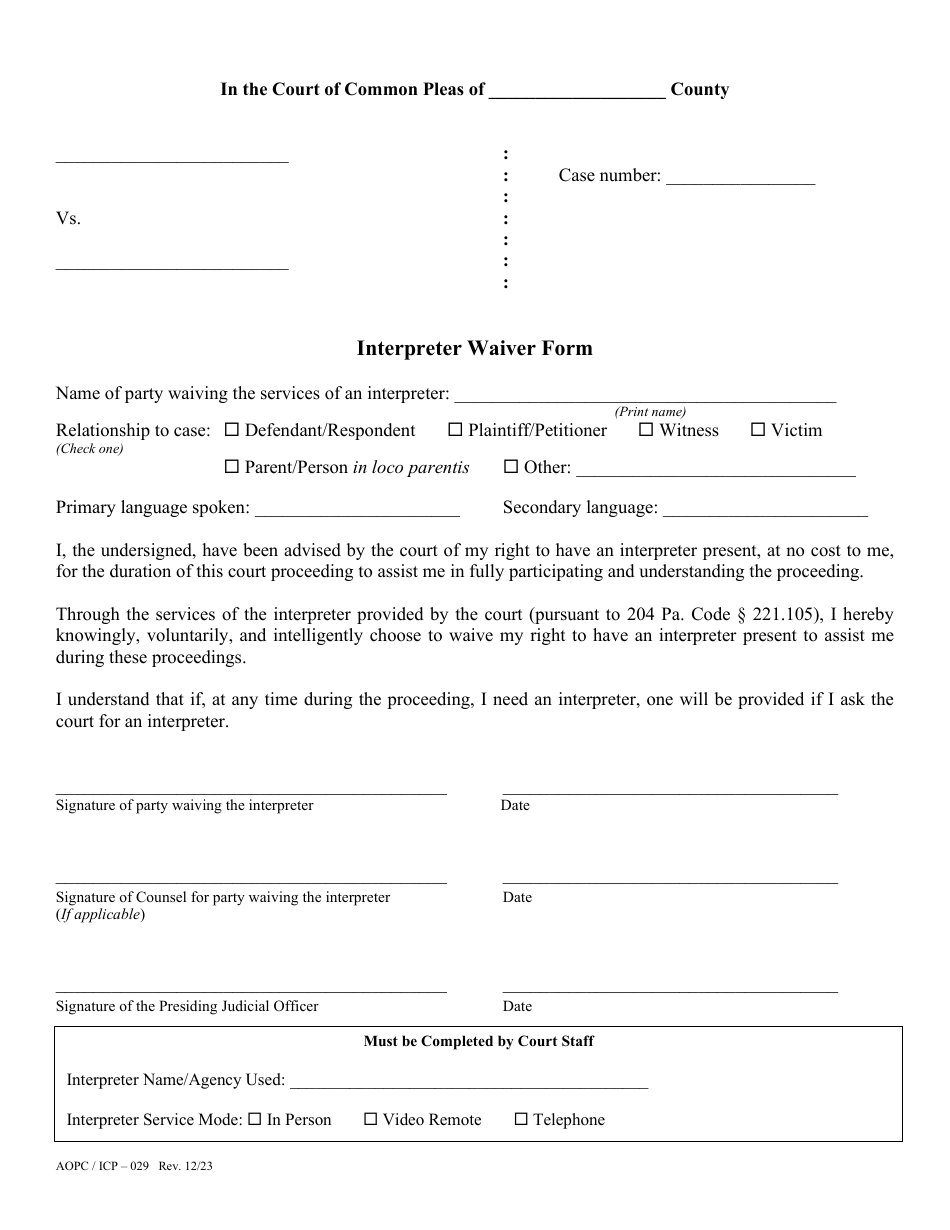 Form AOPC / ICP-029 Interpreter Waiver Form - Ccp - Pennsylvania, Page 1