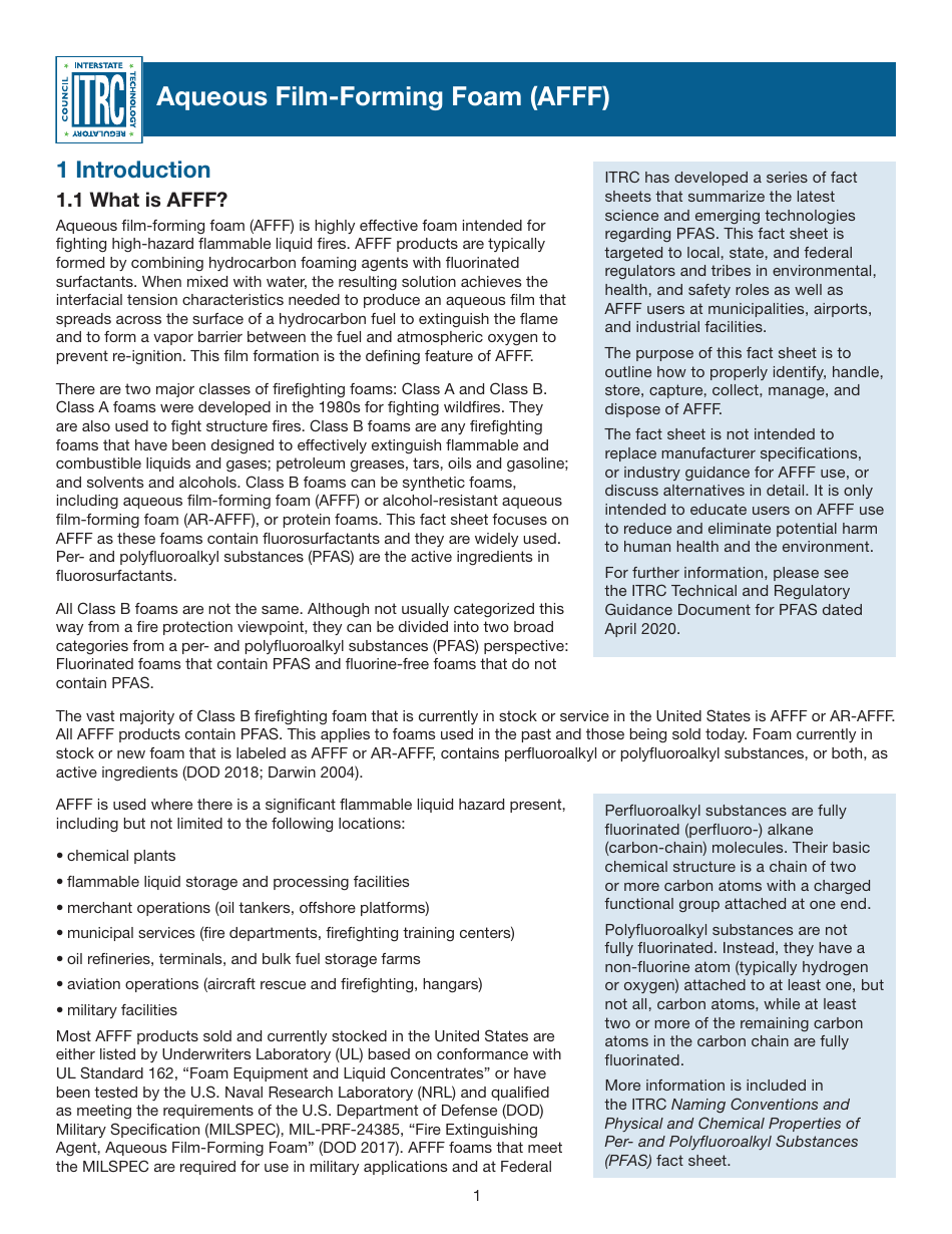 Aqueous Film-Forming Foam (Afff) - Itrc, Page 1