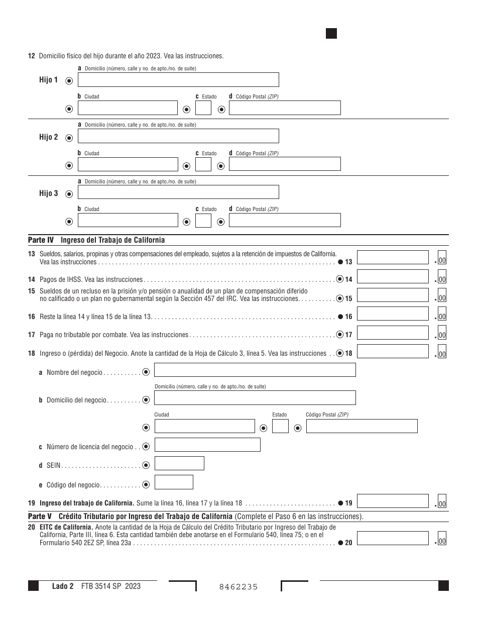 Formulario FTB3514 SP Credito Tributario Por Ingreso Del Trabajo De California - California (Spanish), Page 2