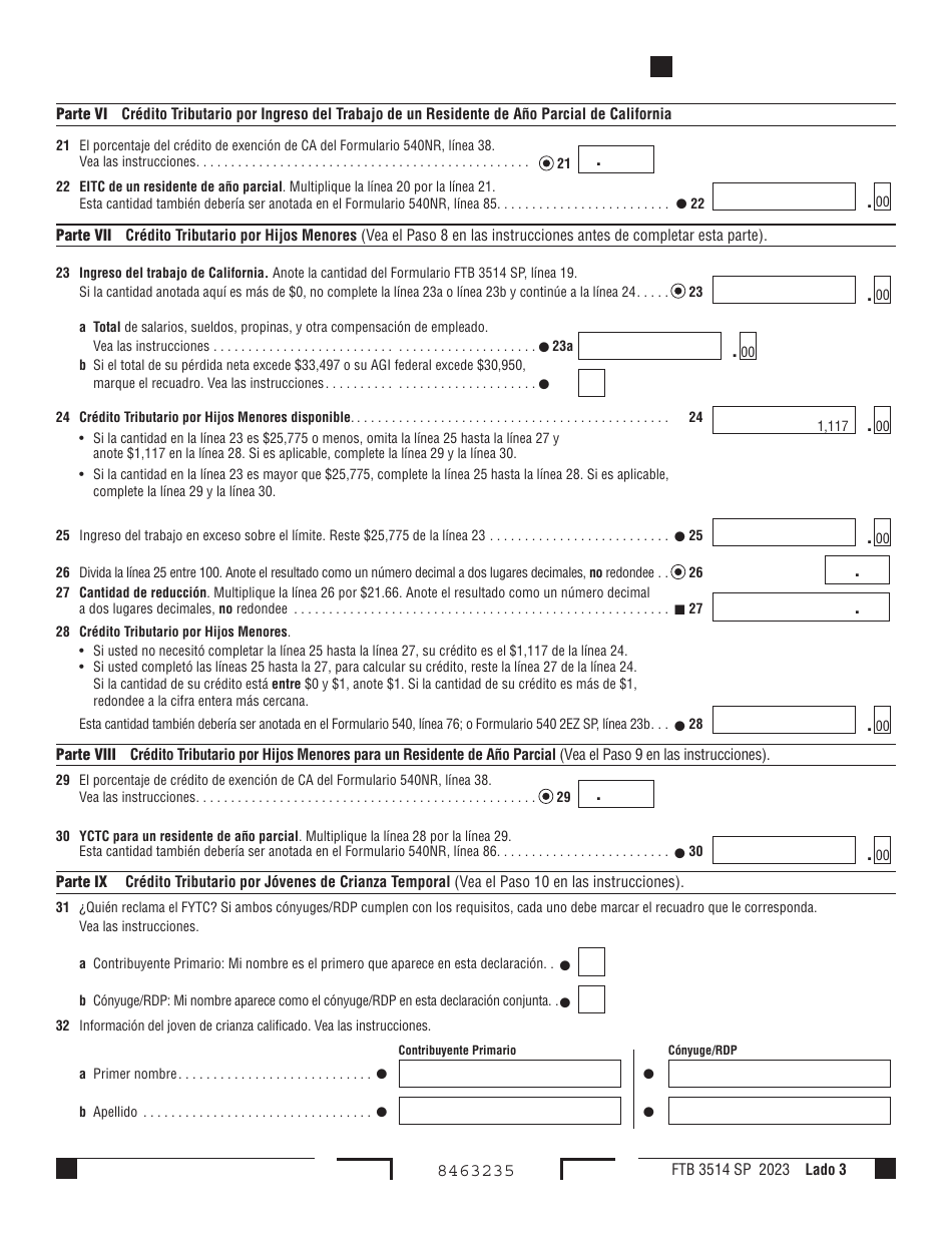 Formulario FTB3514 SP Credito Tributario Por Ingreso Del Trabajo De California - California (Spanish), Page 3