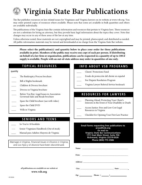 Publications Order Form - Virginia