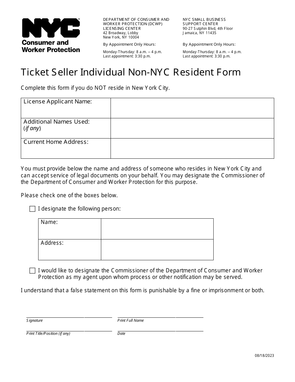 Ticket Seller Individual Non-nyc Resident Form - New York City, Page 1