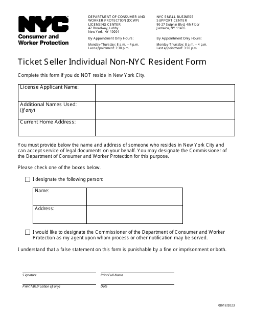 Ticket Seller Individual Non-nyc Resident Form - New York City Download Pdf