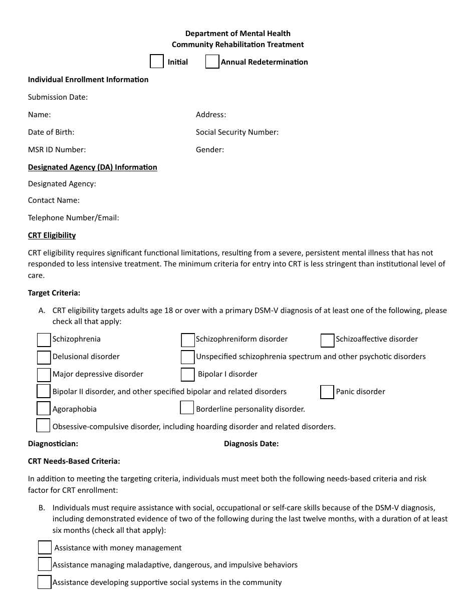 Community Rehabilitation Treatment Enrollment Form - Vermont, Page 1