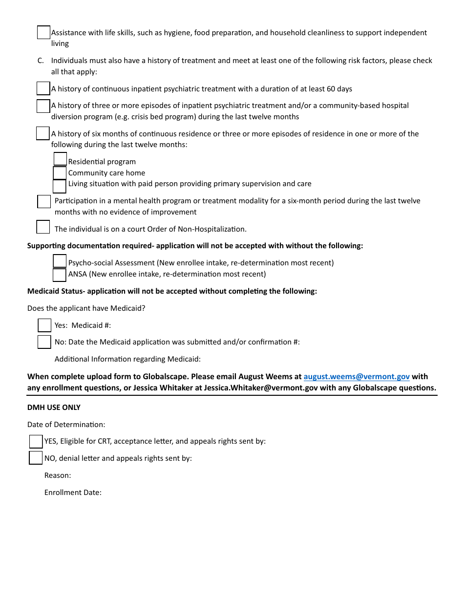 Community Rehabilitation Treatment Enrollment Form - Vermont, Page 2