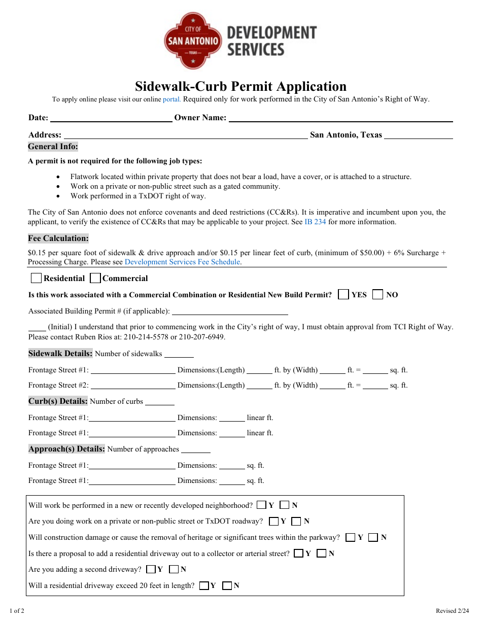 Sidewalk-Curb Permit Application - City of San Antonio, Texas, Page 1