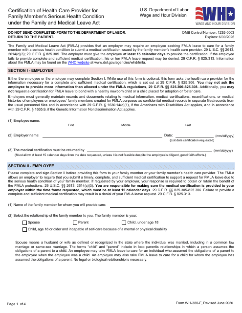 Form WH-380-F Certification of Health Care Provider for Family Member's Serious Health Condition Under the Family and Medical Leave Act