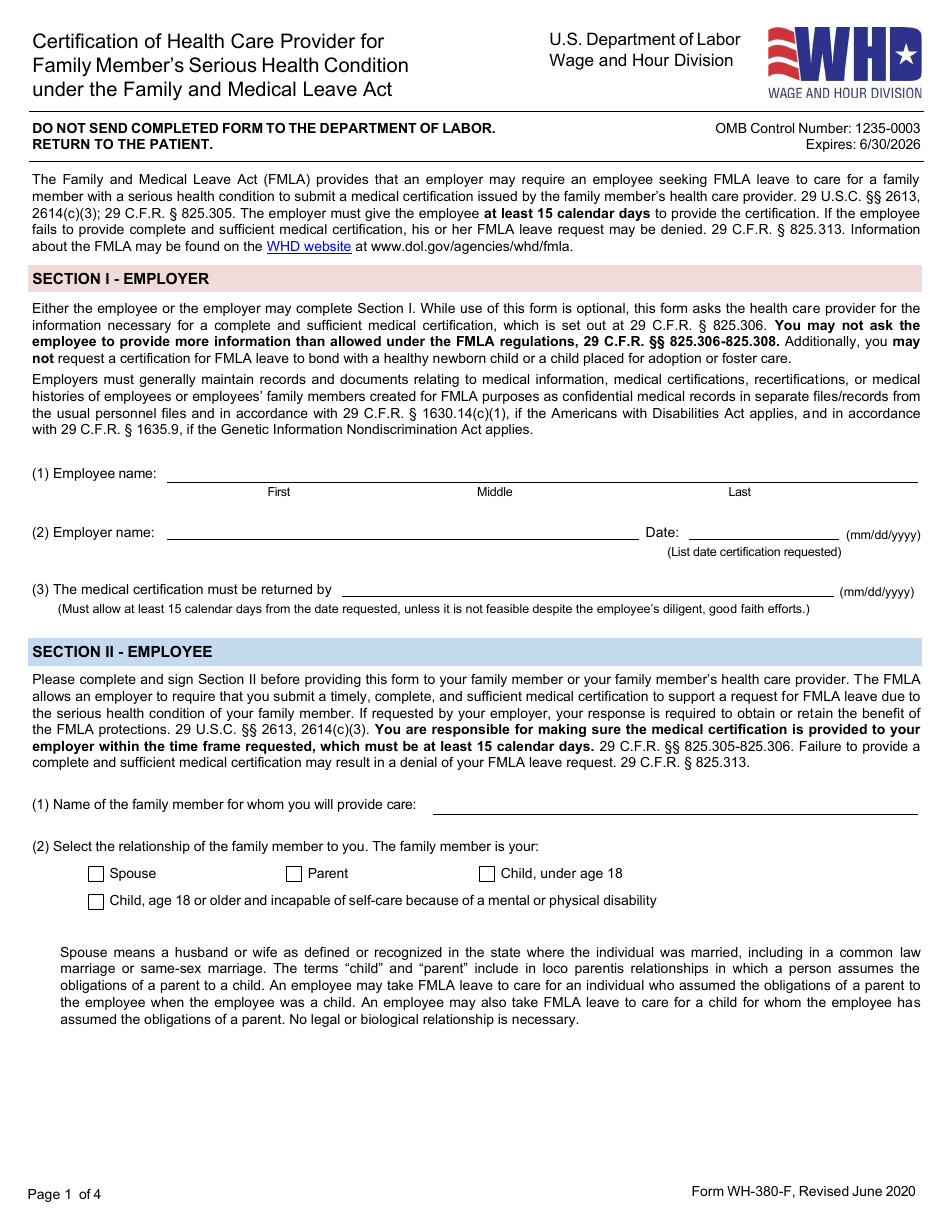 Form WH-380-F Certification of Health Care Provider for Family Members Serious Health Condition Under the Family and Medical Leave Act, Page 1