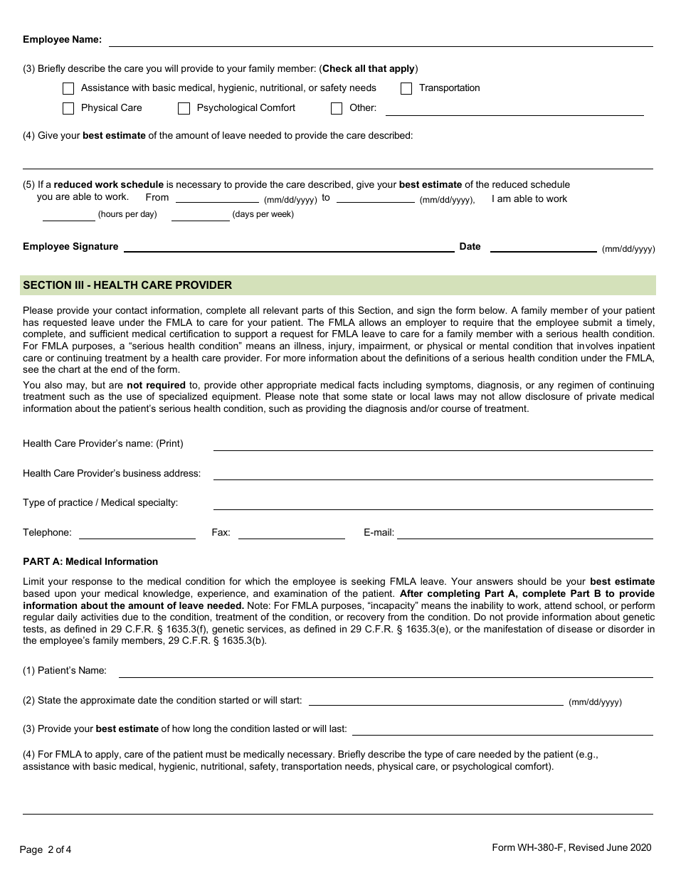 Form WH-380-F Certification of Health Care Provider for Family Members Serious Health Condition Under the Family and Medical Leave Act, Page 2