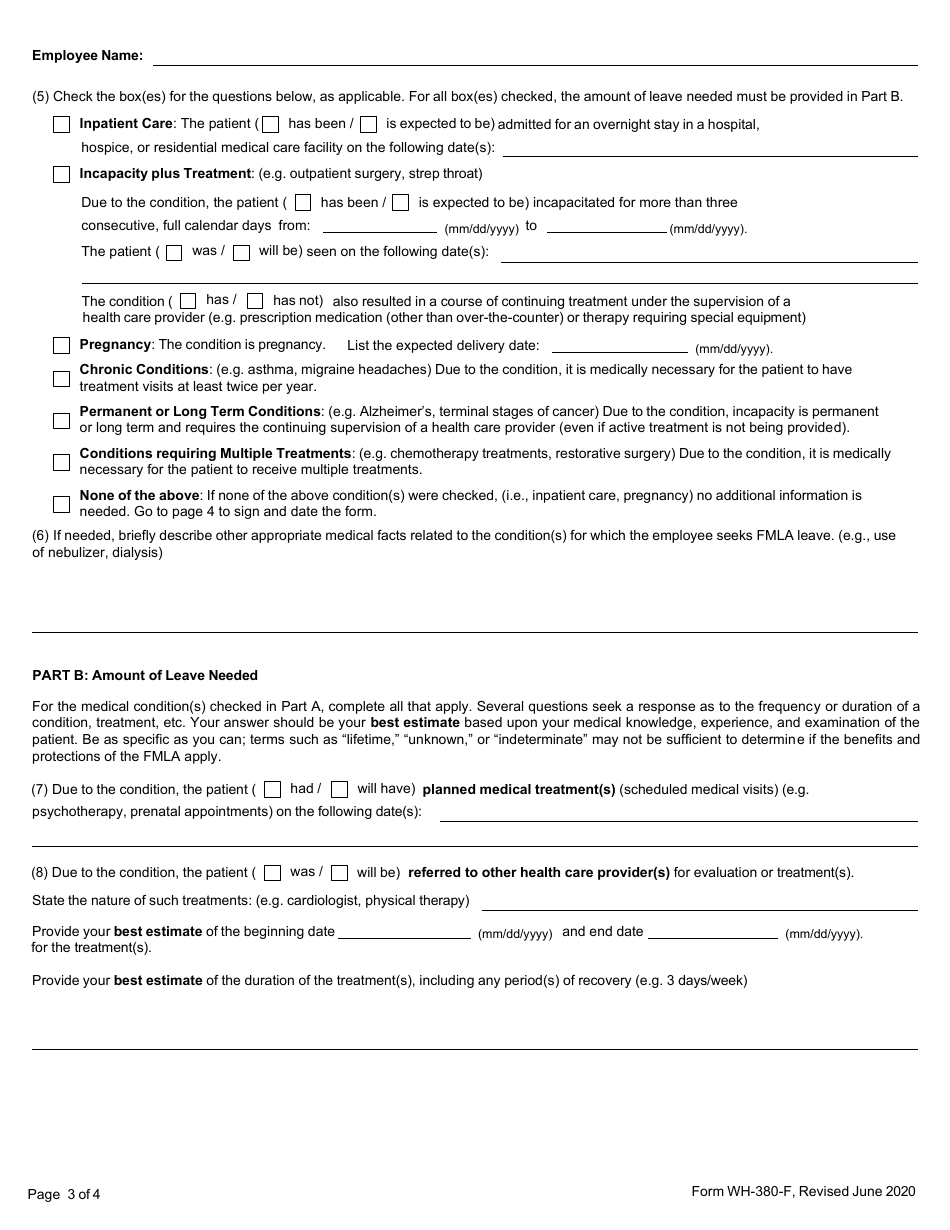 Form WH-380-F Certification of Health Care Provider for Family Members Serious Health Condition Under the Family and Medical Leave Act, Page 3