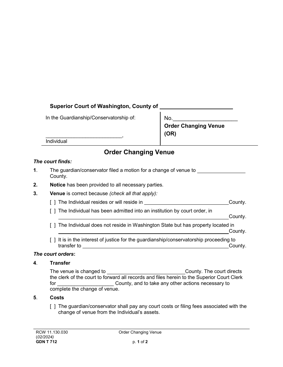 Form GDN T712 Order Changing Venue - Washington, Page 1