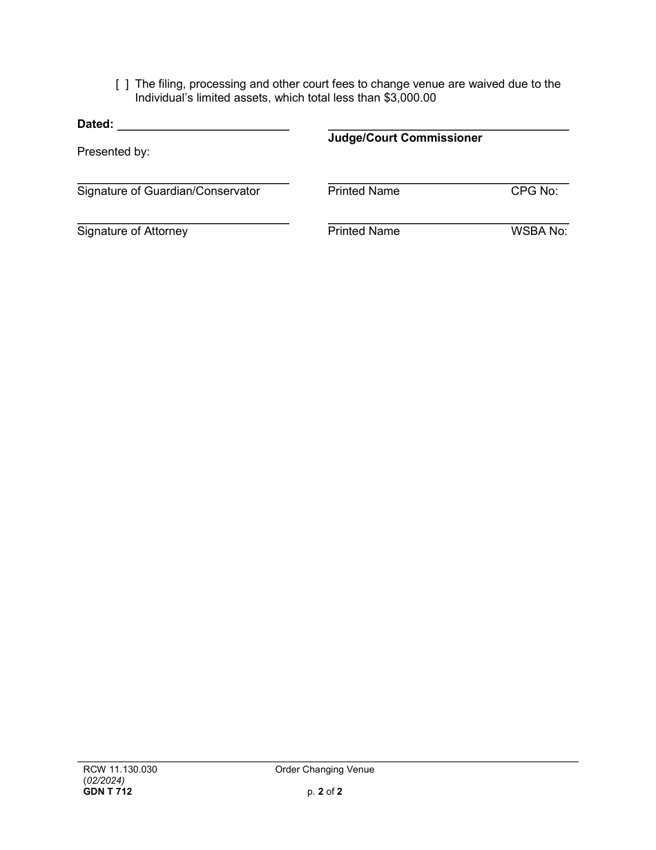 Form GDN T712 Order Changing Venue - Washington, Page 2