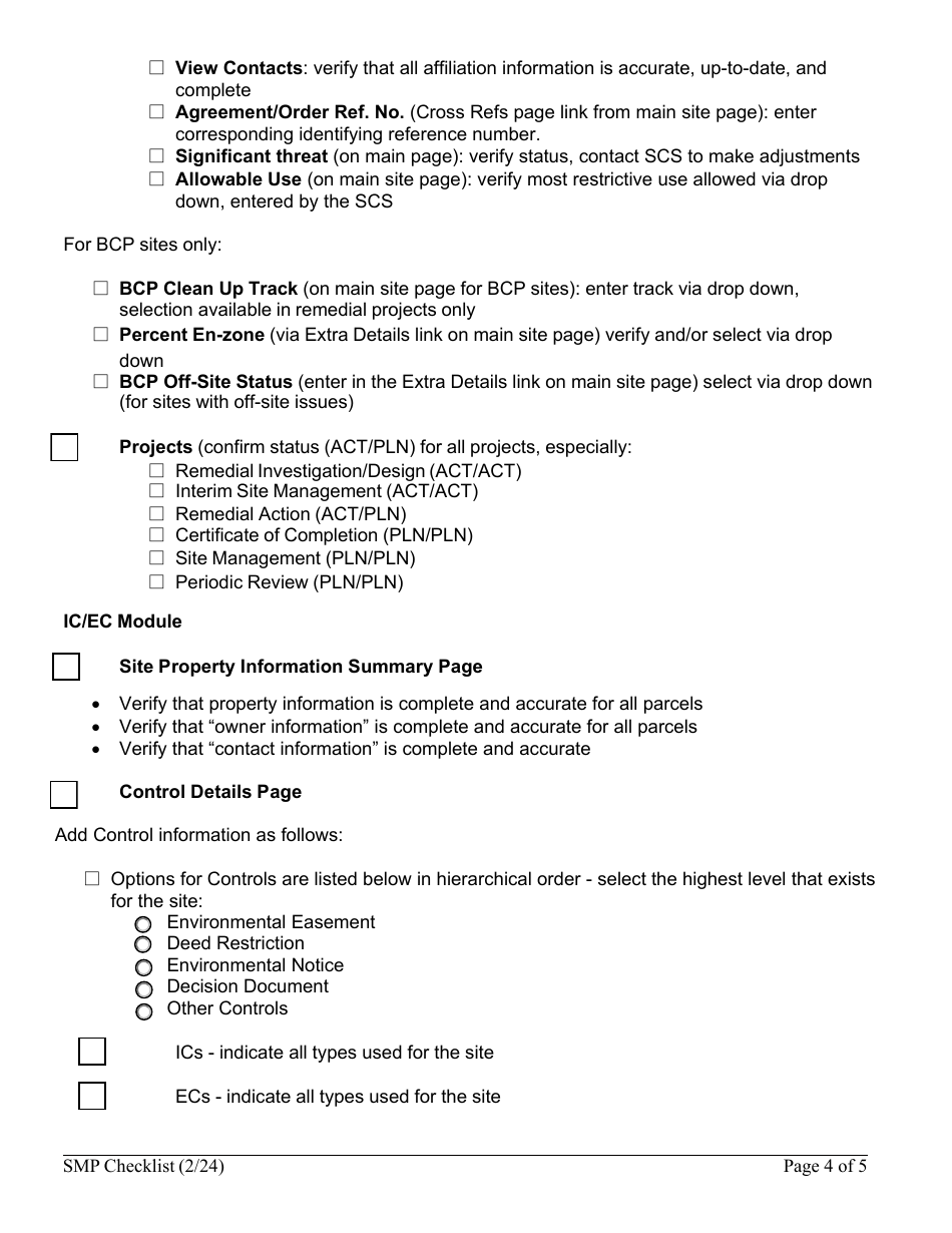 Site Management Plan (SMP) Checklist for Bcp Erp Ssf and Vcp Sites - New York, Page 4