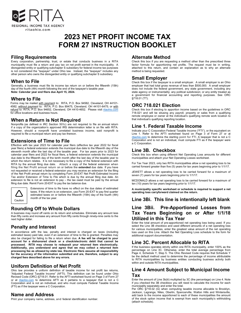 Download Instructions for Form 27 Rita Net Profit Tax Return PDF, 2023