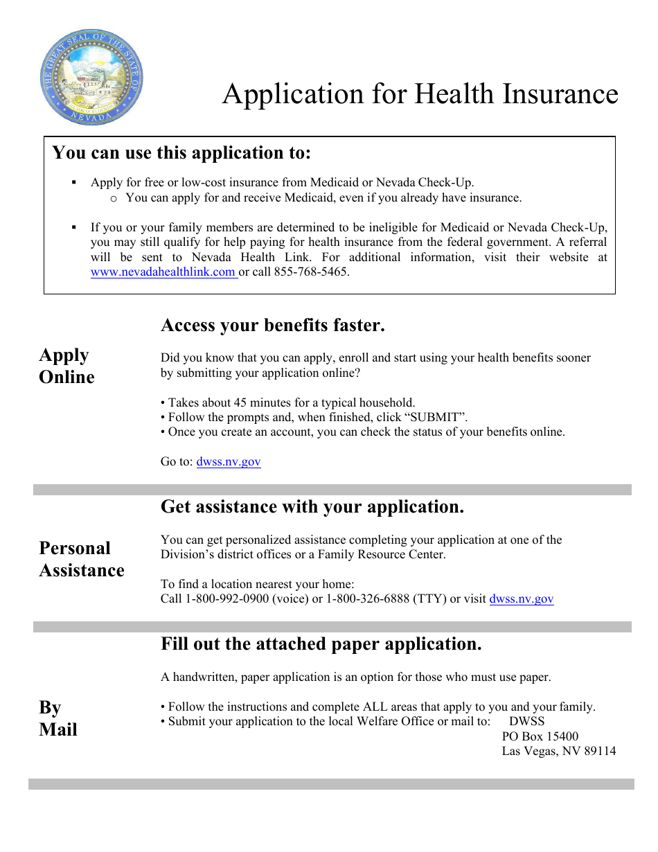 Form 2960-EG Application for Health Insurance - Nevada, Page 1