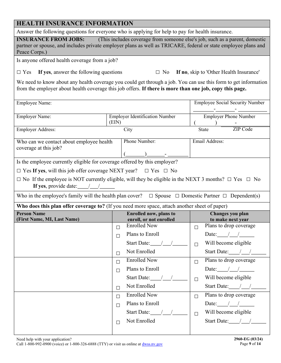 Form 2960-EG Application for Health Insurance - Nevada, Page 9