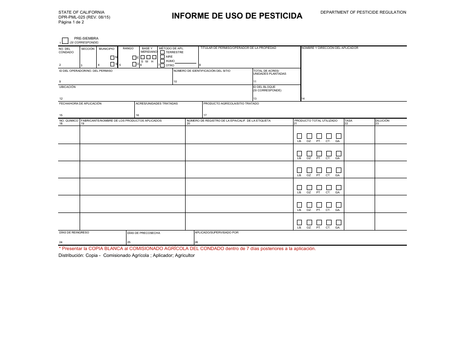 Formulario DPR-PML-025 Informe De Uso De Pesticida - California (Spanish), Page 1