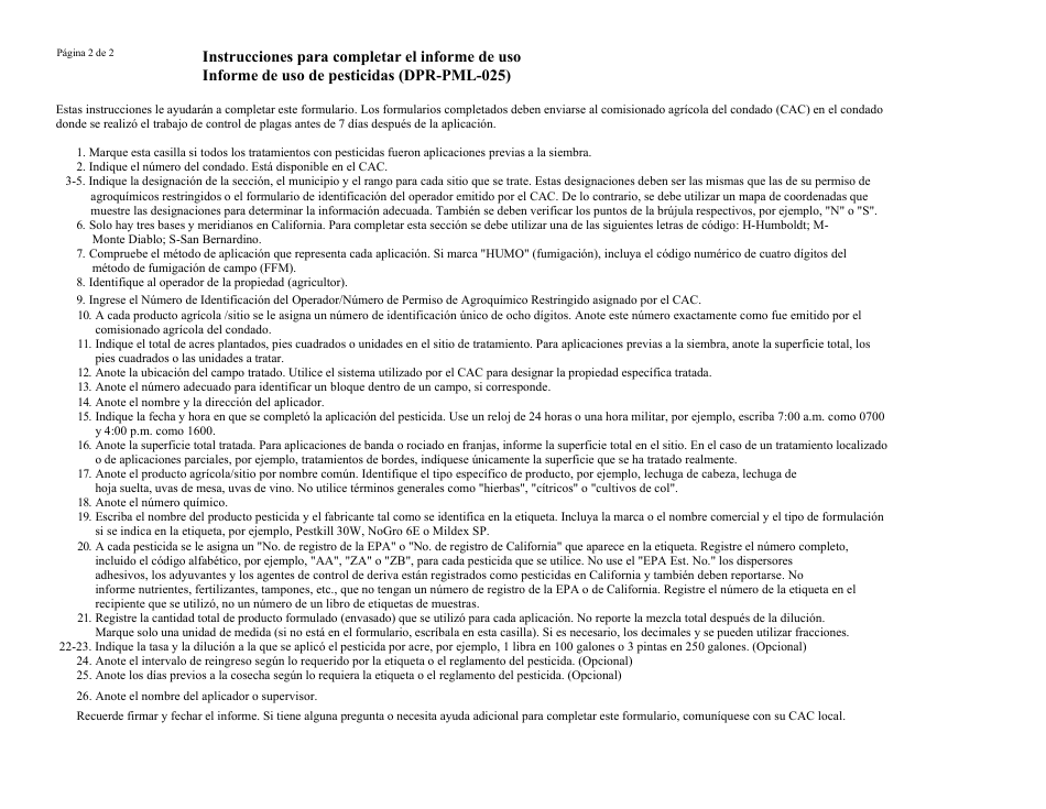 Formulario DPR-PML-025 Informe De Uso De Pesticida - California (Spanish), Page 2