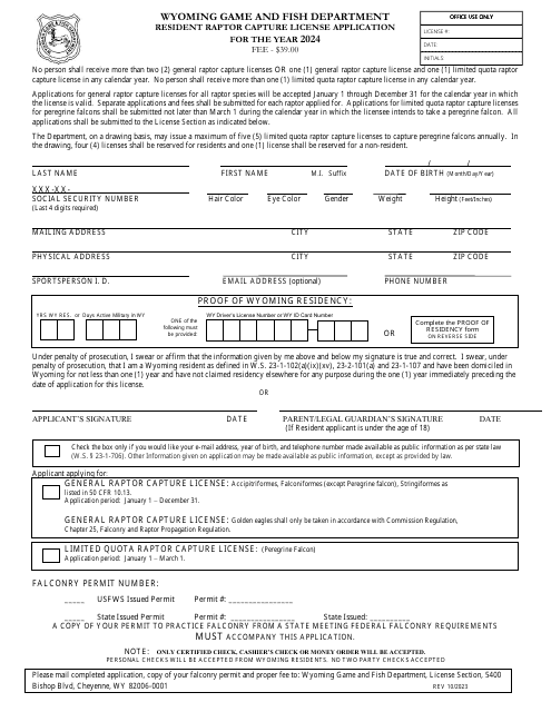 Resident Raptor Capture License Application - Wyoming, 2024