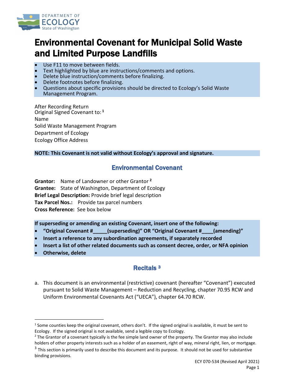 Form ECY070-534 Environmental Covenant for Municipal Solid Waste and Limited Purpose Landfills - Washington, Page 1