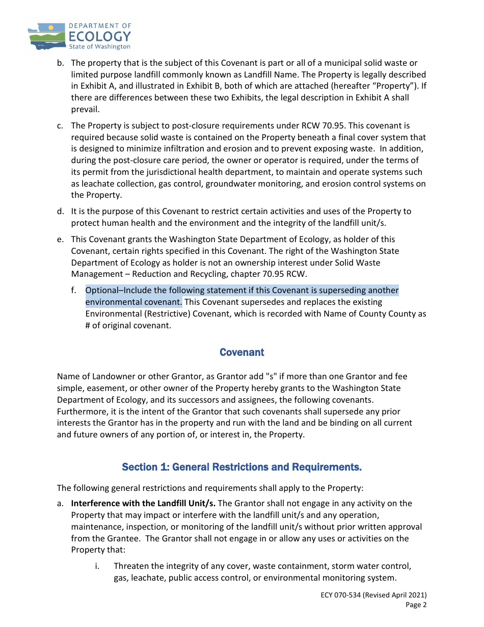 Form ECY070-534 Environmental Covenant for Municipal Solid Waste and Limited Purpose Landfills - Washington, Page 2