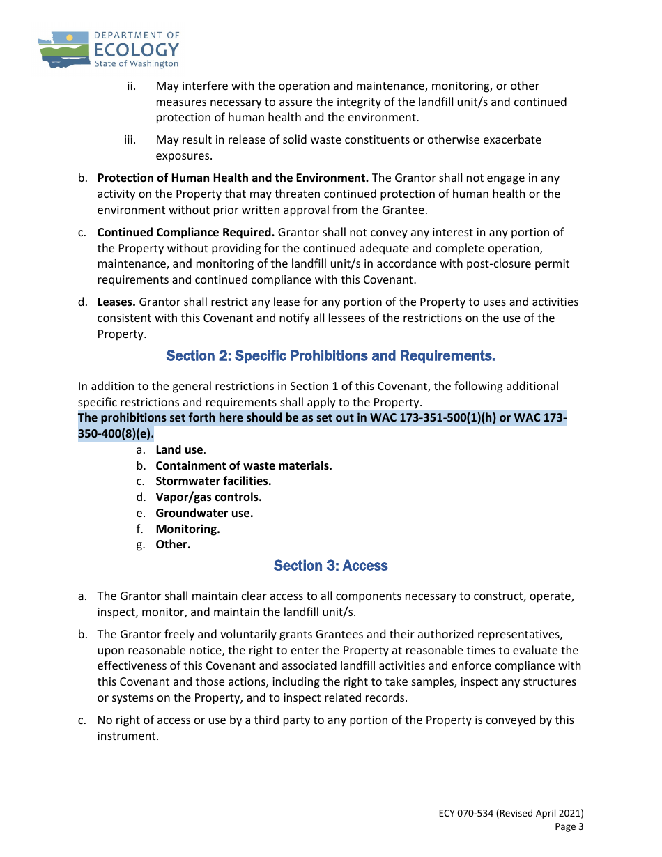 Form ECY070-534 Environmental Covenant for Municipal Solid Waste and Limited Purpose Landfills - Washington, Page 3