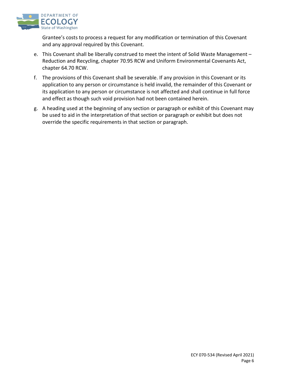 Form ECY070-534 Environmental Covenant for Municipal Solid Waste and Limited Purpose Landfills - Washington, Page 6