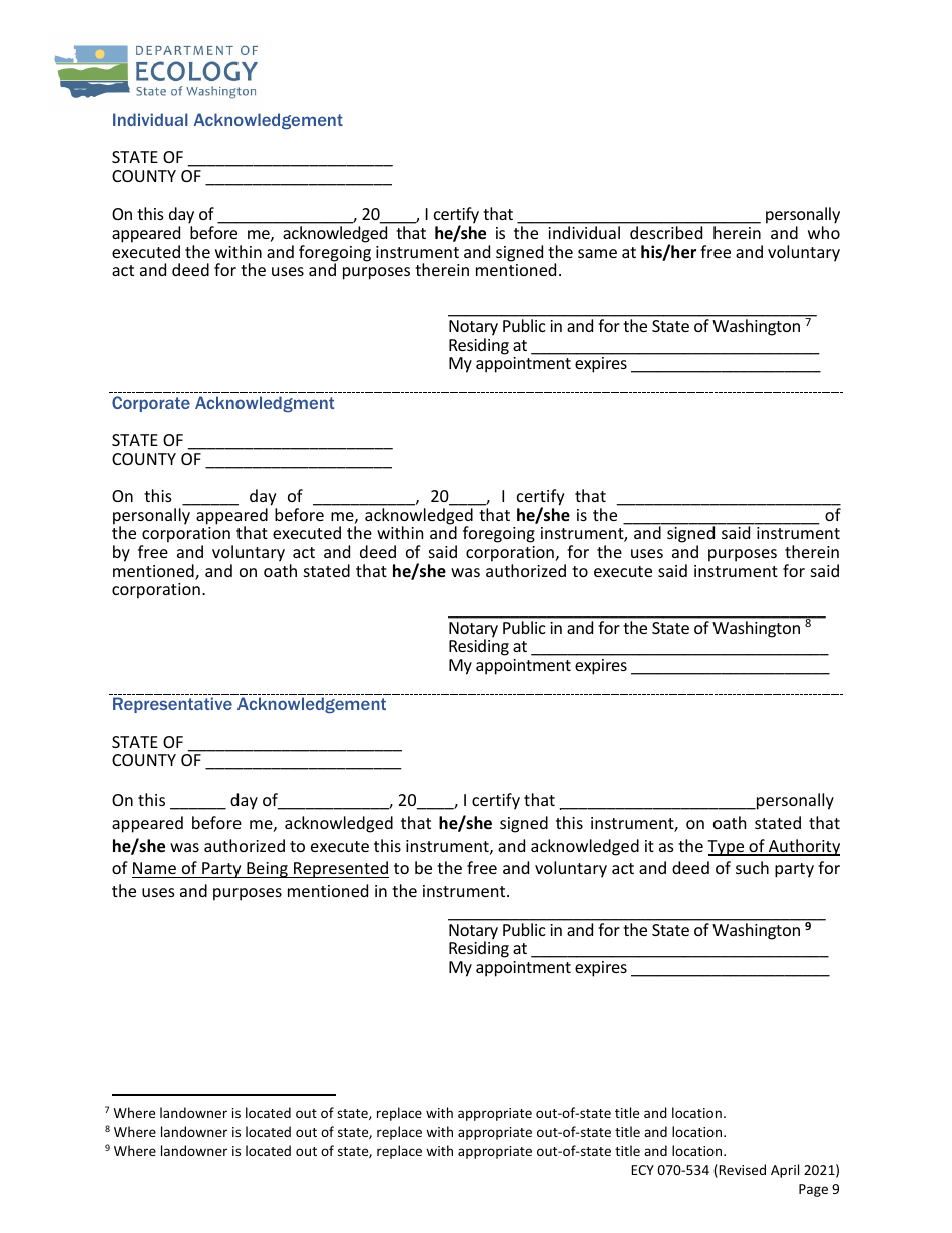 Form ECY070-534 Environmental Covenant for Municipal Solid Waste and Limited Purpose Landfills - Washington, Page 9