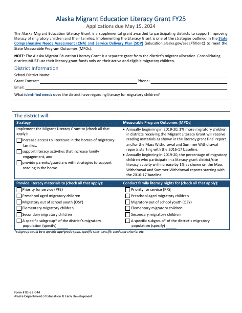 Form 05-22-044 Alaska Migrant Education Literacy Grant Application - Alaska, 2025